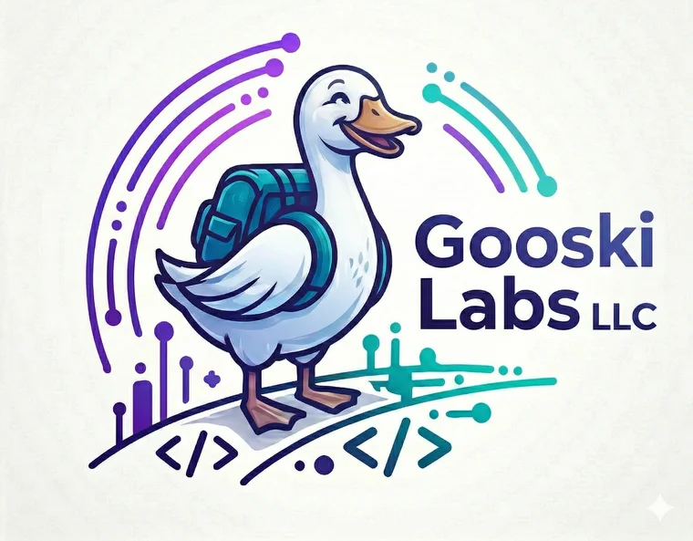Gooski Labs mascot — a friendly goose with a backpack and code brackets